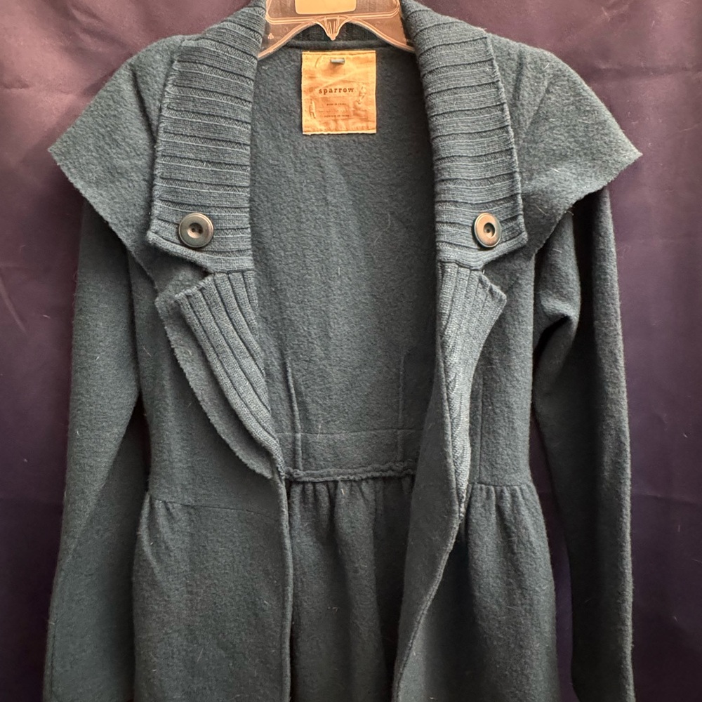 Anthropologie Sparrow Blue Belted Cardigan Sweater 100% Merino Wool